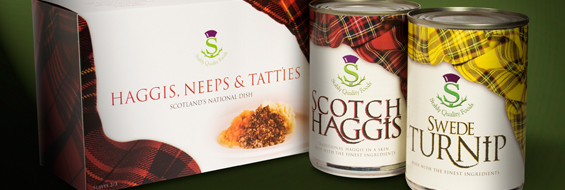 Pack containing a tin of traditional Scotch Haggis, a tin of diced swede turnip and one pack of milled potato flake (rehydration instructions included)